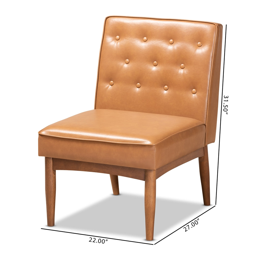Riordan Mid-Century Modern Tan Faux Leather Upholstered and Walnut Brown Finished Wood Dining Chair