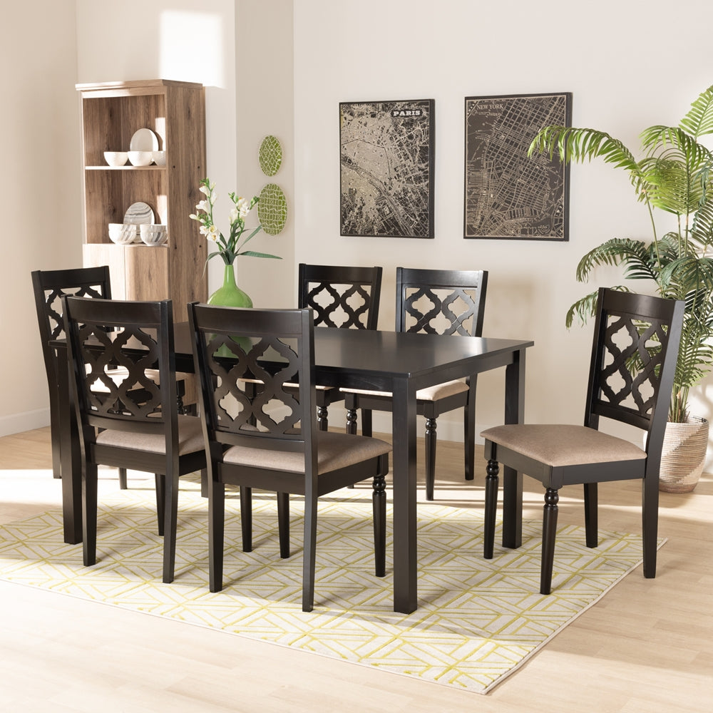 Ramiro Modern and Contemporary Sand Fabric Upholstered and Dark Brown Finished Wood 7-Piece Dining Set