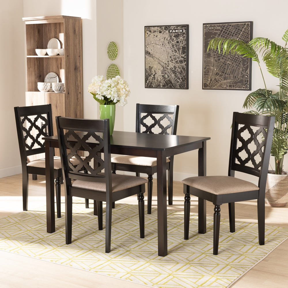 Ramiro Modern and Contemporary Sand Fabric Upholstered and Dark Brown Finished Wood 5-Piece Dining Set