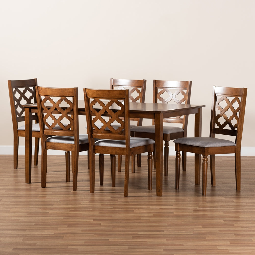 Ramiro Modern and Contemporary Grey Fabric Upholstered and Walnut Brown Finished Wood 7-Piece Dining Set