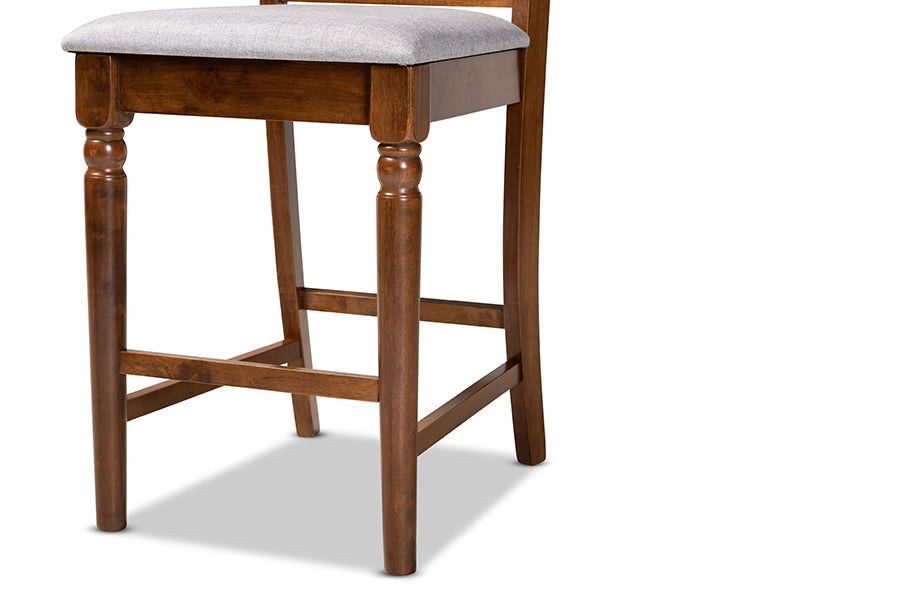 Ramiro Modern and Contemporary Transitional Grey Fabric Upholstered and Walnut Brown Finished Wood 5-Piece Pub Set