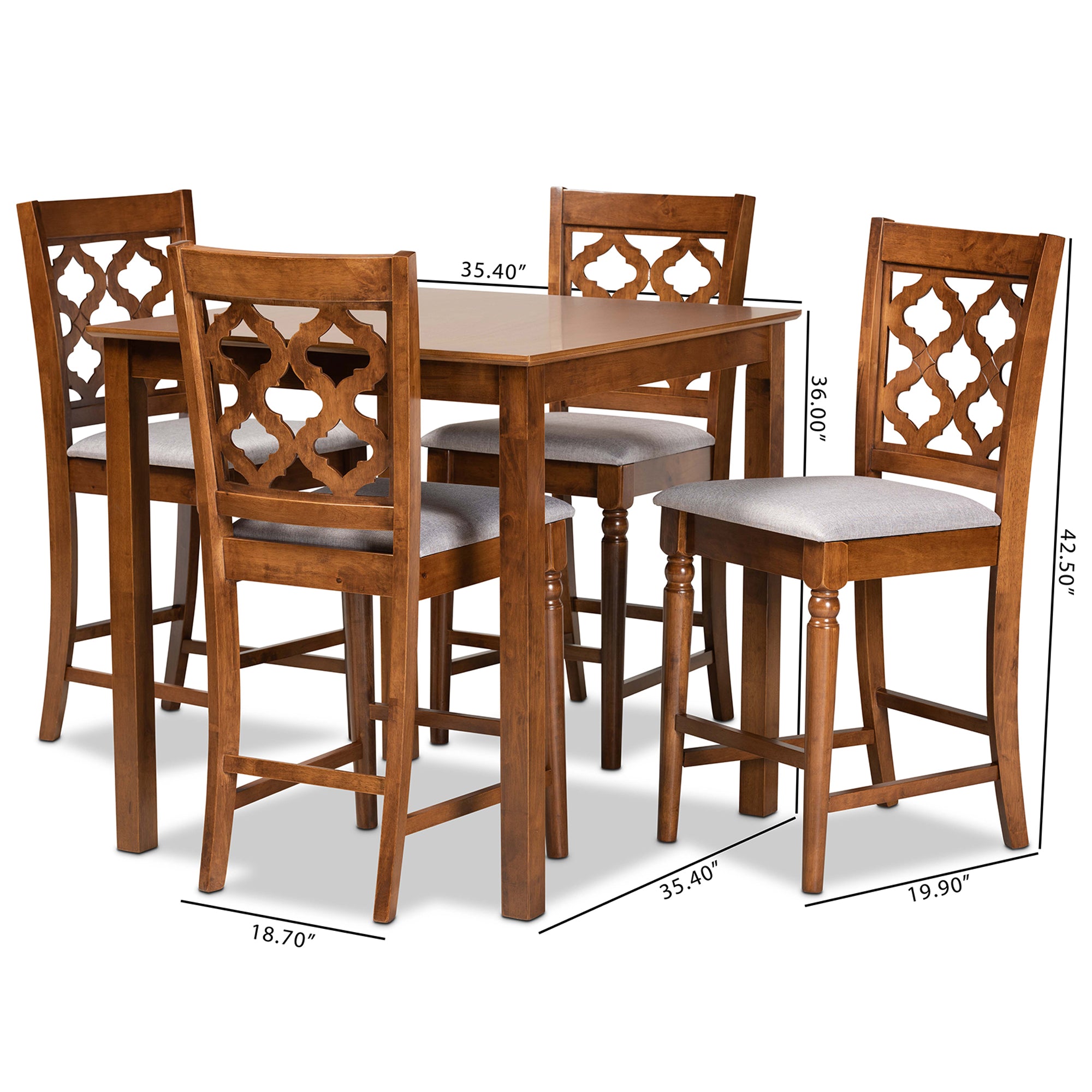 Ramiro Modern and Contemporary Transitional Grey Fabric Upholstered and Walnut Brown Finished Wood 5-Piece Pub Set