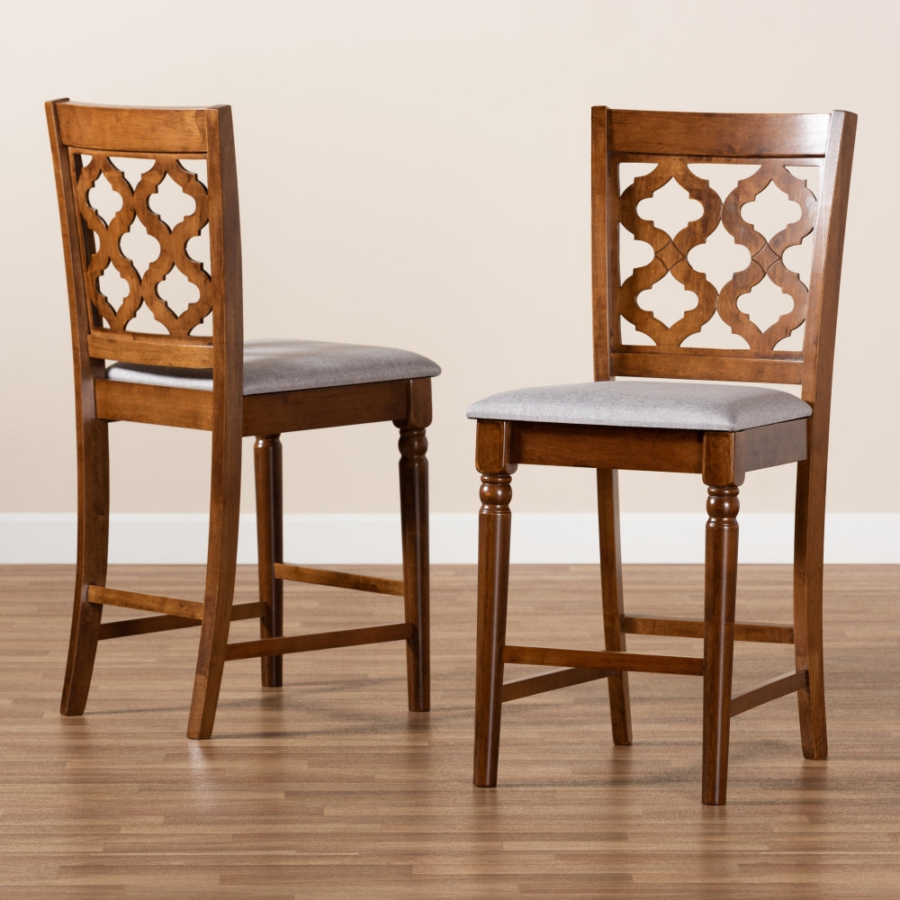 Ramiro Modern and Contemporary Transitional Grey Fabric Upholstered and Walnut Brown Finished Wood 2-Piece Counter Stool Set