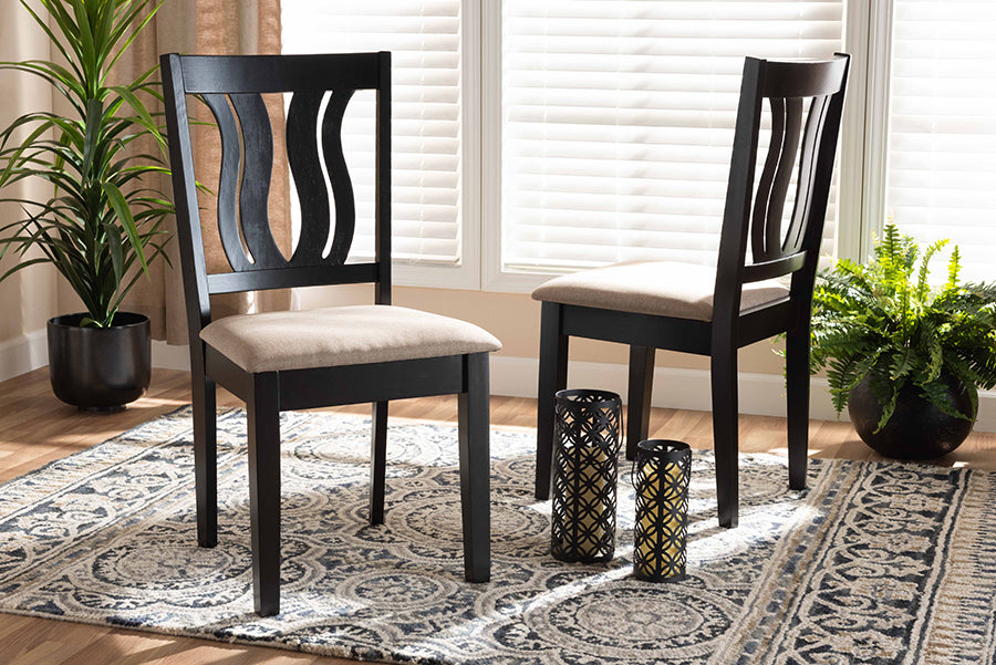 Fenton Modern and Contemporary Sand Fabric Upholstered and Dark Brown Finished Wood 2-Piece Dining Chair Set