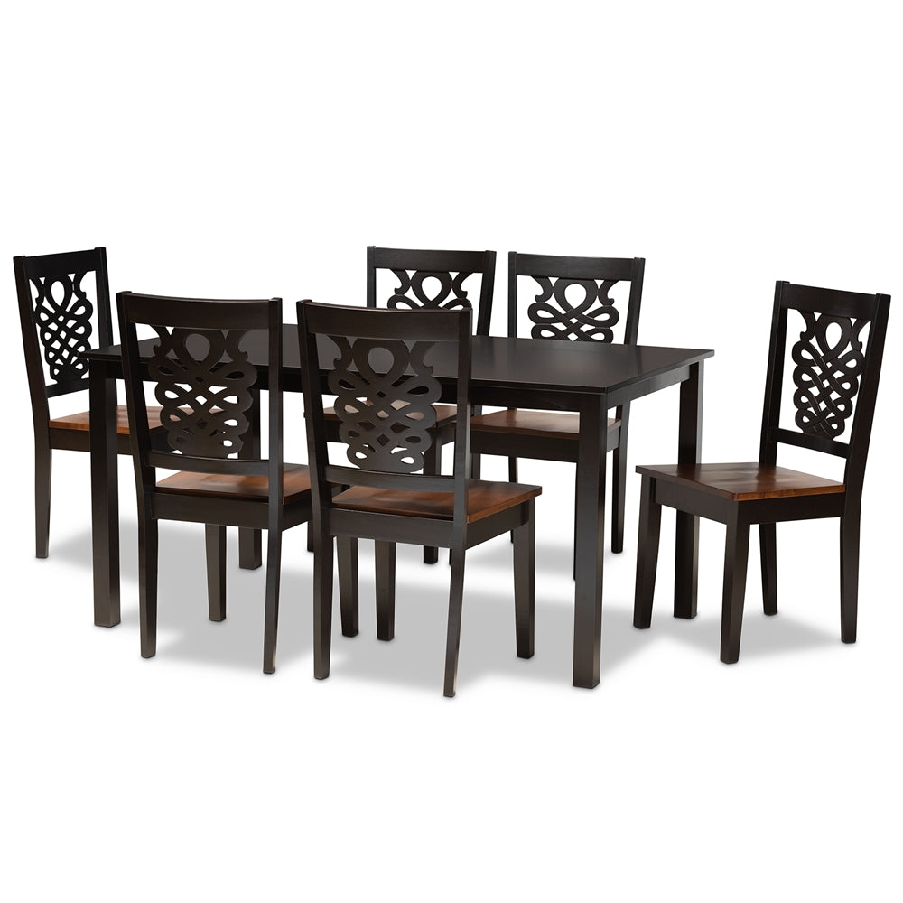 Luisa Modern and Contemporary Two-Tone Dark Brown and Walnut Brown Finished Wood 7-Piece Dining Set