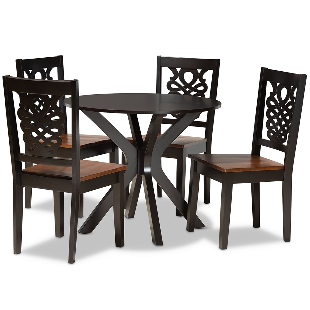 Liese Modern and Contemporary Transitional Two-Tone Dark Brown and Walnut Brown Finished Wood 5-Piece Dining Set