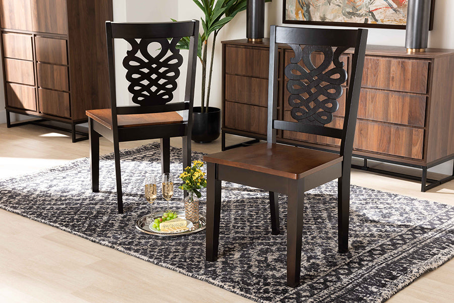 Gervais Modern and Contemporary Transitional Two-Tone Dark Brown and Walnut Brown Finished Wood 2-Piece Dining Chair Set