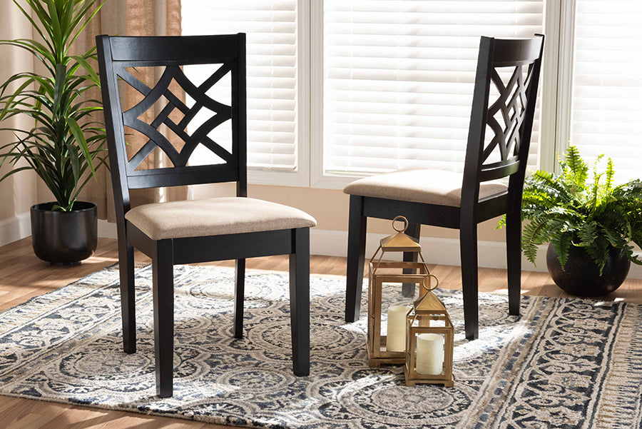 Nicolette Modern and Contemporary Sand Fabric Upholstered and Dark Brown Finished Wood 2-Piece Dining Chair Set