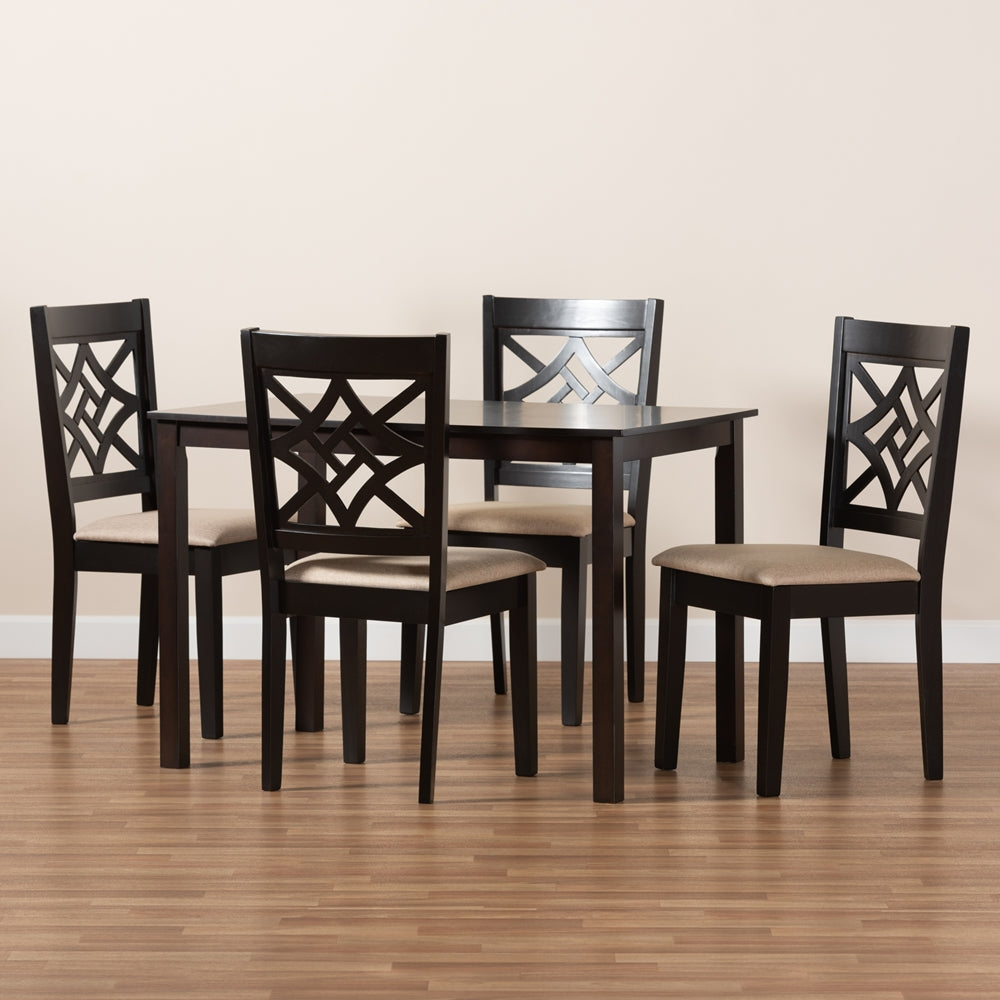 Nicolette Modern and Contemporary Sand Fabric Upholstered and Dark Brown Finished Wood 5-Piece Dining Set