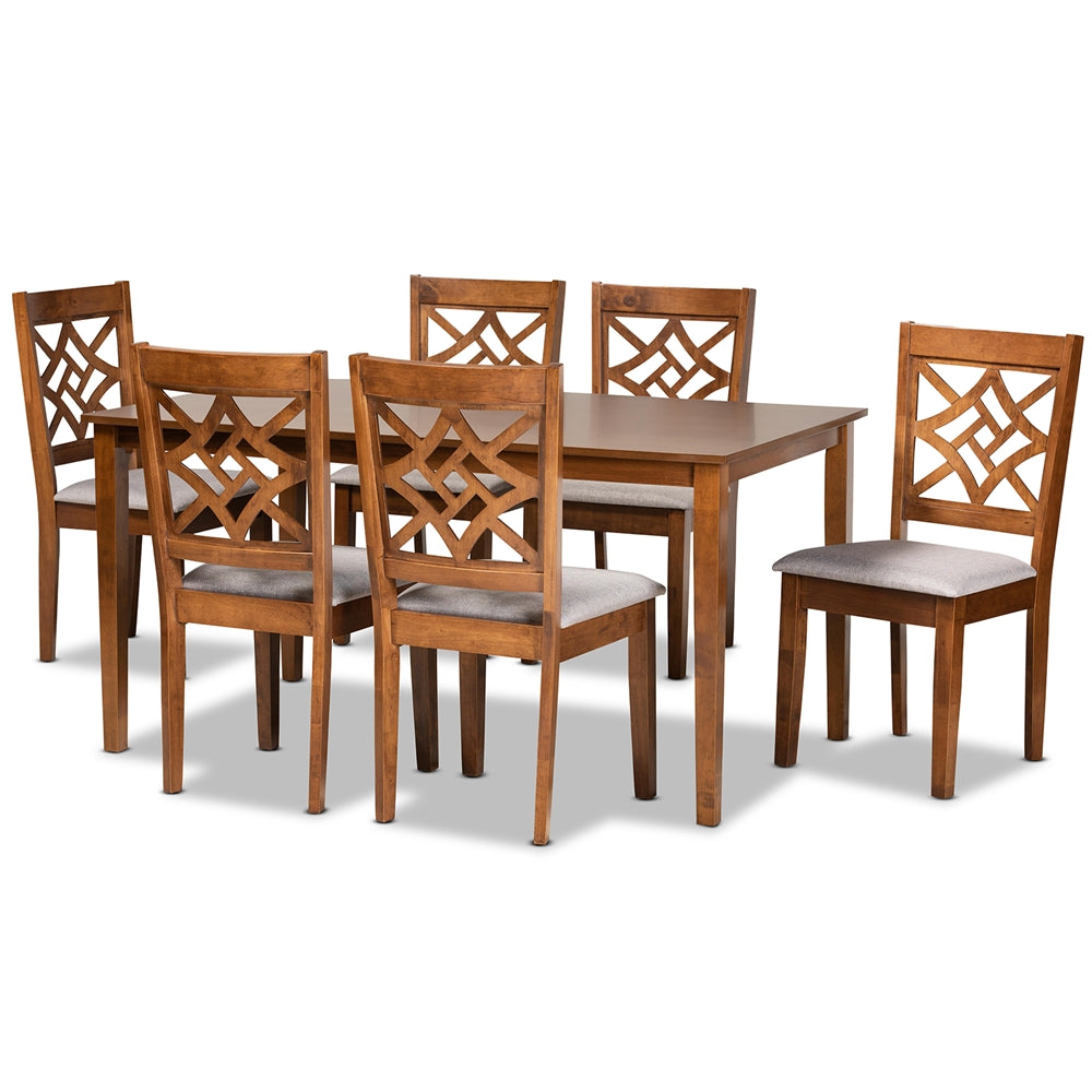 Nicolette Modern and Contemporary Grey Fabric Upholstered and Walnut Brown Finished Wood 7-Piece Dining Set