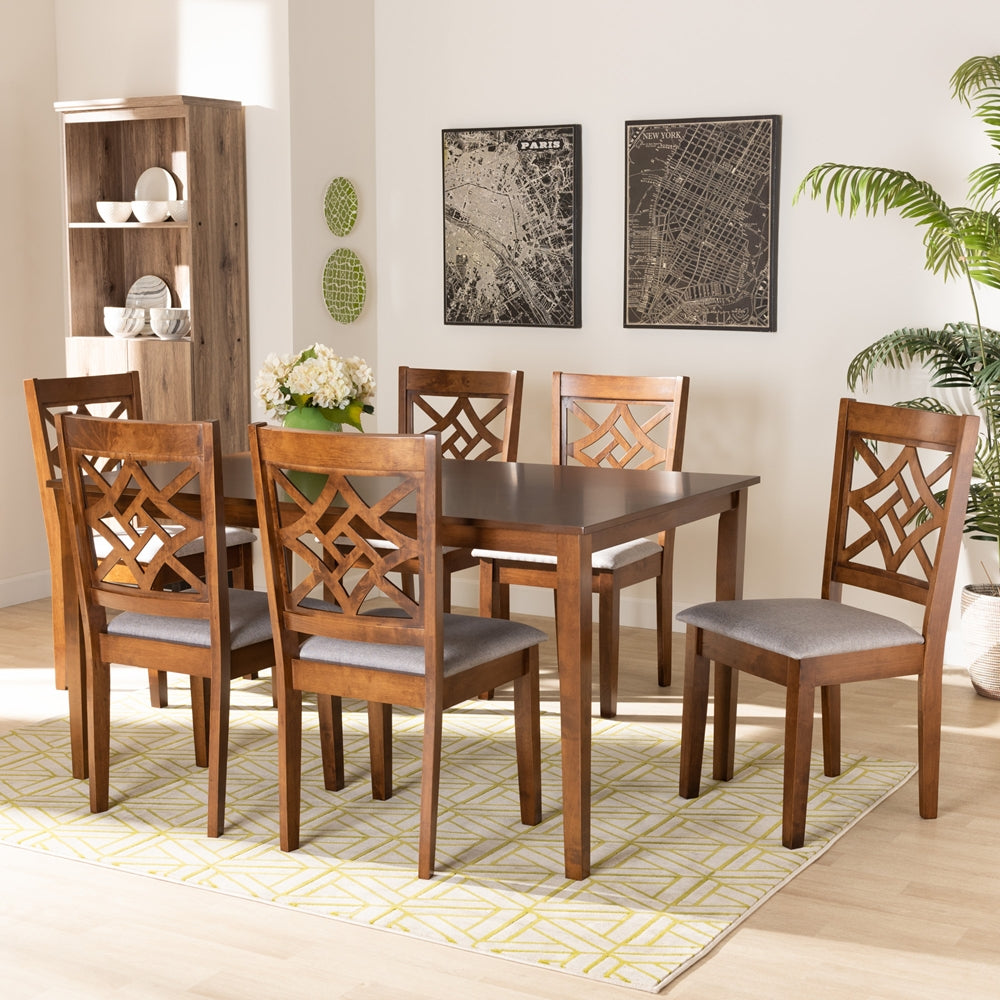 Nicolette Modern and Contemporary Grey Fabric Upholstered and Walnut Brown Finished Wood 7-Piece Dining Set