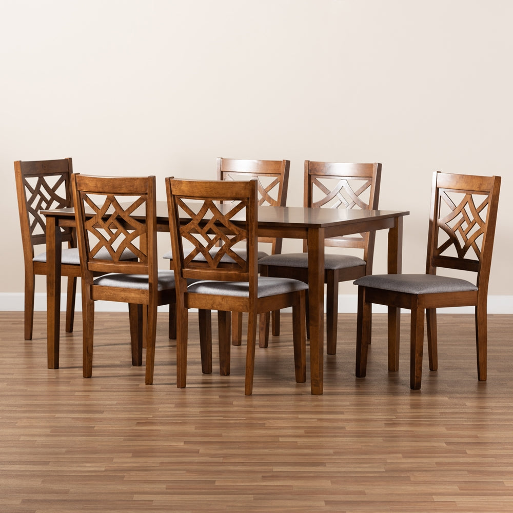 Nicolette Modern and Contemporary Grey Fabric Upholstered and Walnut Brown Finished Wood 7-Piece Dining Set