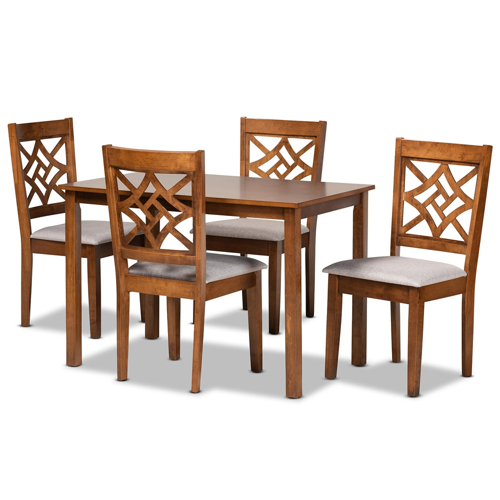 Nicolette Modern and Contemporary Grey Fabric Upholstered and Walnut Brown Finished Wood 5-Piece Dining Set