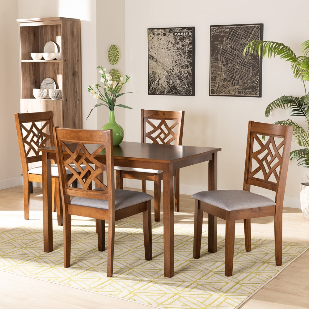 Nicolette Modern and Contemporary Grey Fabric Upholstered and Walnut Brown Finished Wood 5-Piece Dining Set