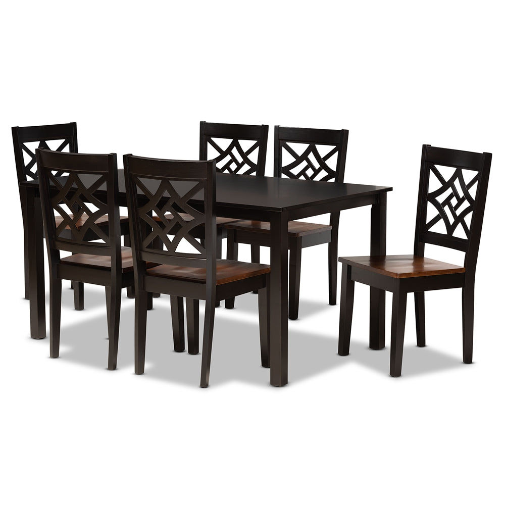 Nicolette Modern and Contemporary Two-Tone Dark Brown and Walnut Brown Finished Wood 7-Piece Dining Set