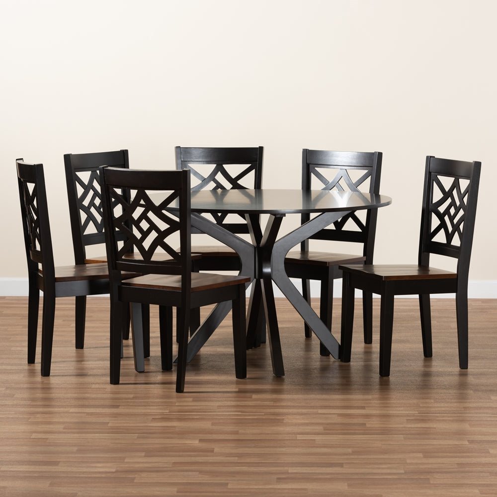 Miela Modern and Contemporary Two-Tone Dark Brown and Walnut Brown Finished Wood 7-Piece Dining Set