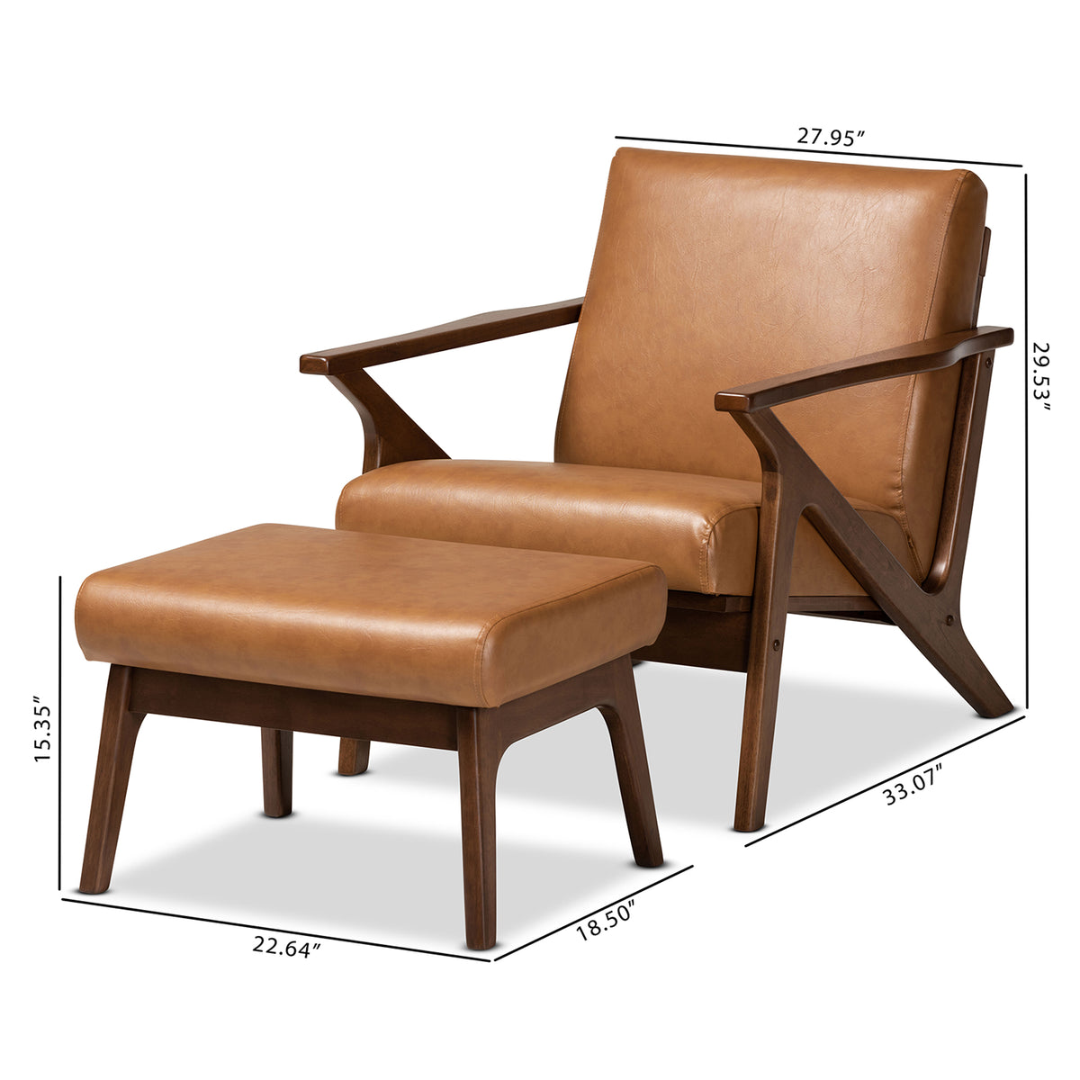Bianca Mid-Century Modern Walnut Brown Finished Wood and Tan Faux Leather Effect 2-Piece Lounge chair and Ottoman Set