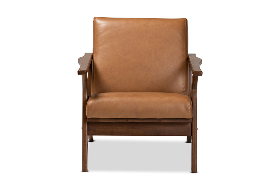 Bianca Mid-Century Modern Walnut Brown Finished Wood and Tan Faux Leather Effect Lounge Chair