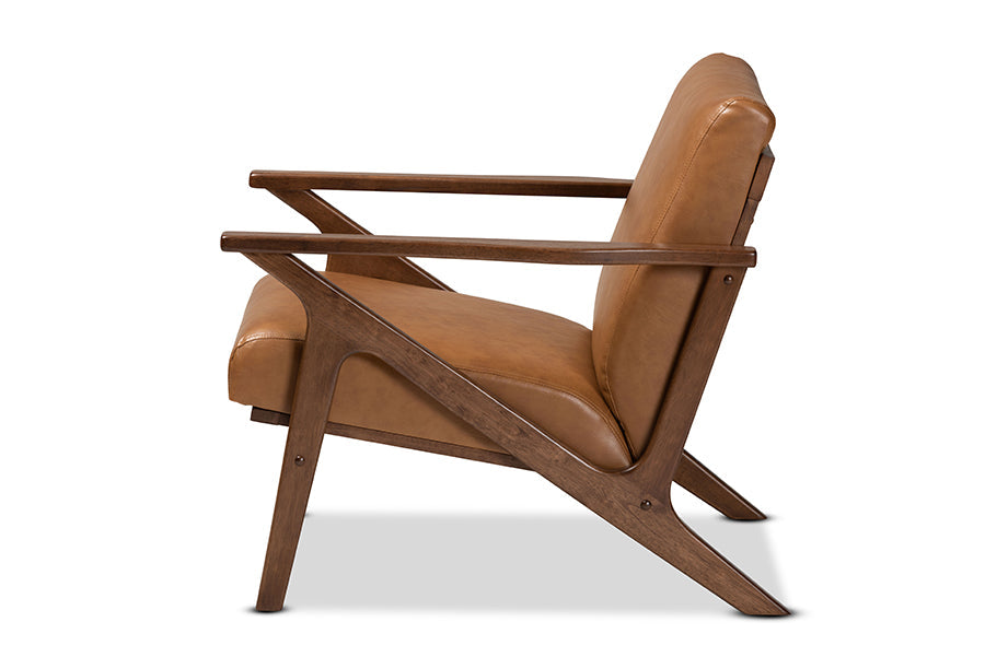 Bianca Mid-Century Modern Walnut Brown Finished Wood and Tan Faux Leather Effect Lounge Chair