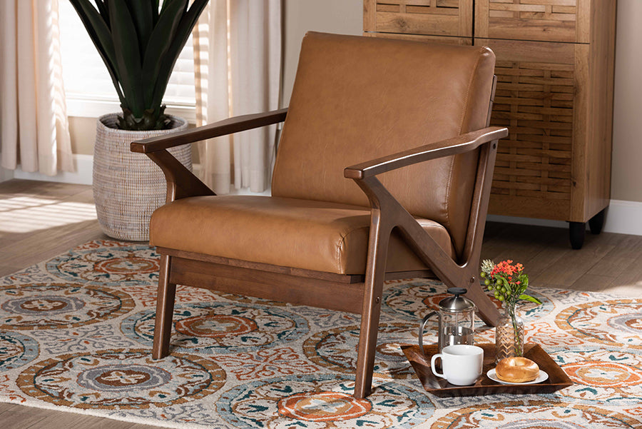 Bianca Mid-Century Modern Walnut Brown Finished Wood and Tan Faux Leather Effect Lounge Chair