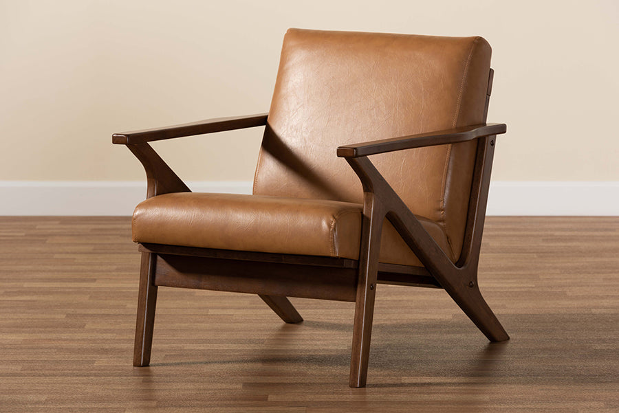 Bianca Mid-Century Modern Walnut Brown Finished Wood and Tan Faux Leather Effect Lounge Chair