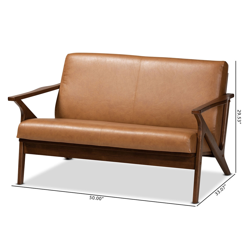 Bianca Mid-Century Modern Walnut Brown Finished Wood and Tan Faux Leather Effect Loveseat
