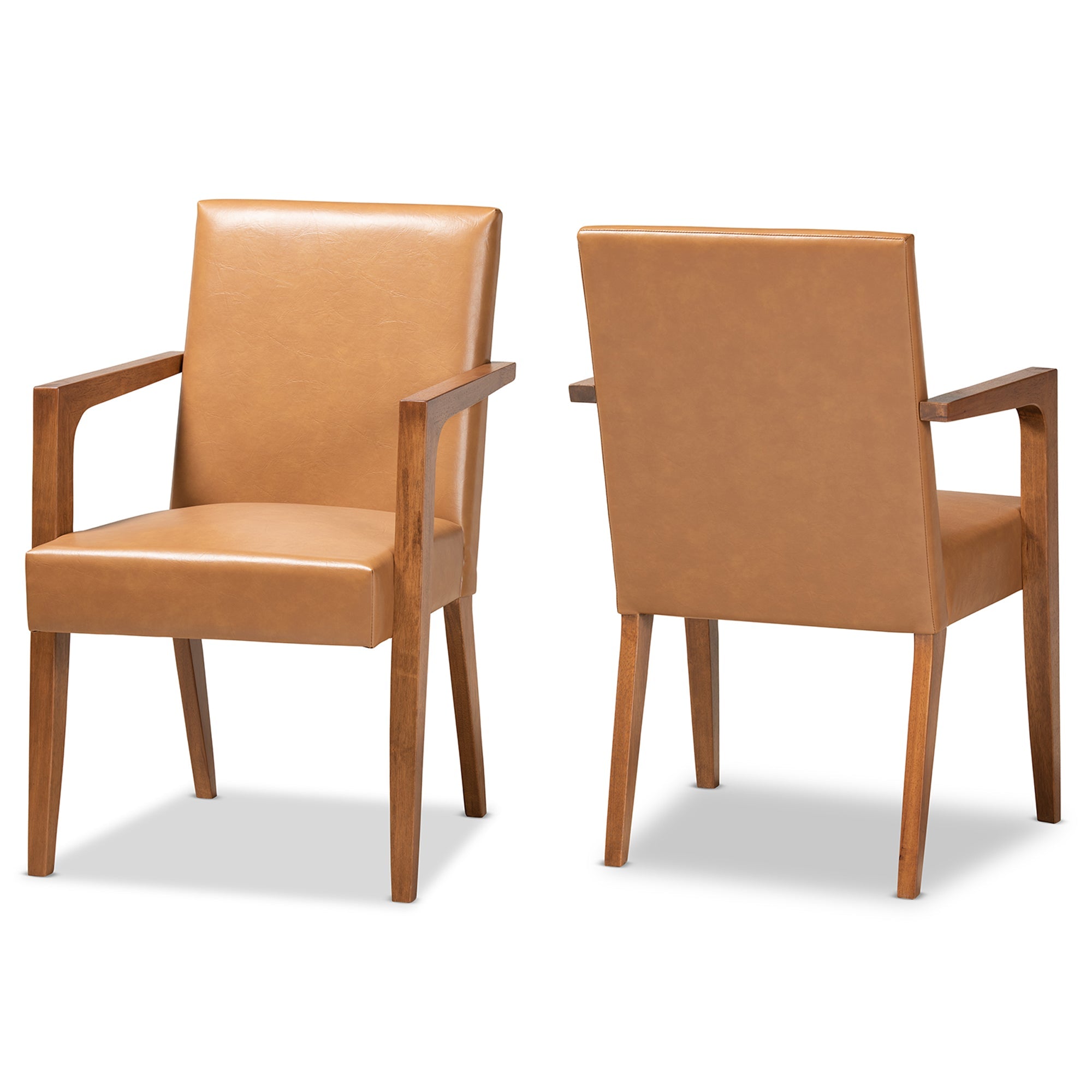 Andrea Mid-Century Modern Tan Faux Leather Upholstered and Walnut Brown Finished Wood 2-Piece Armchair Set