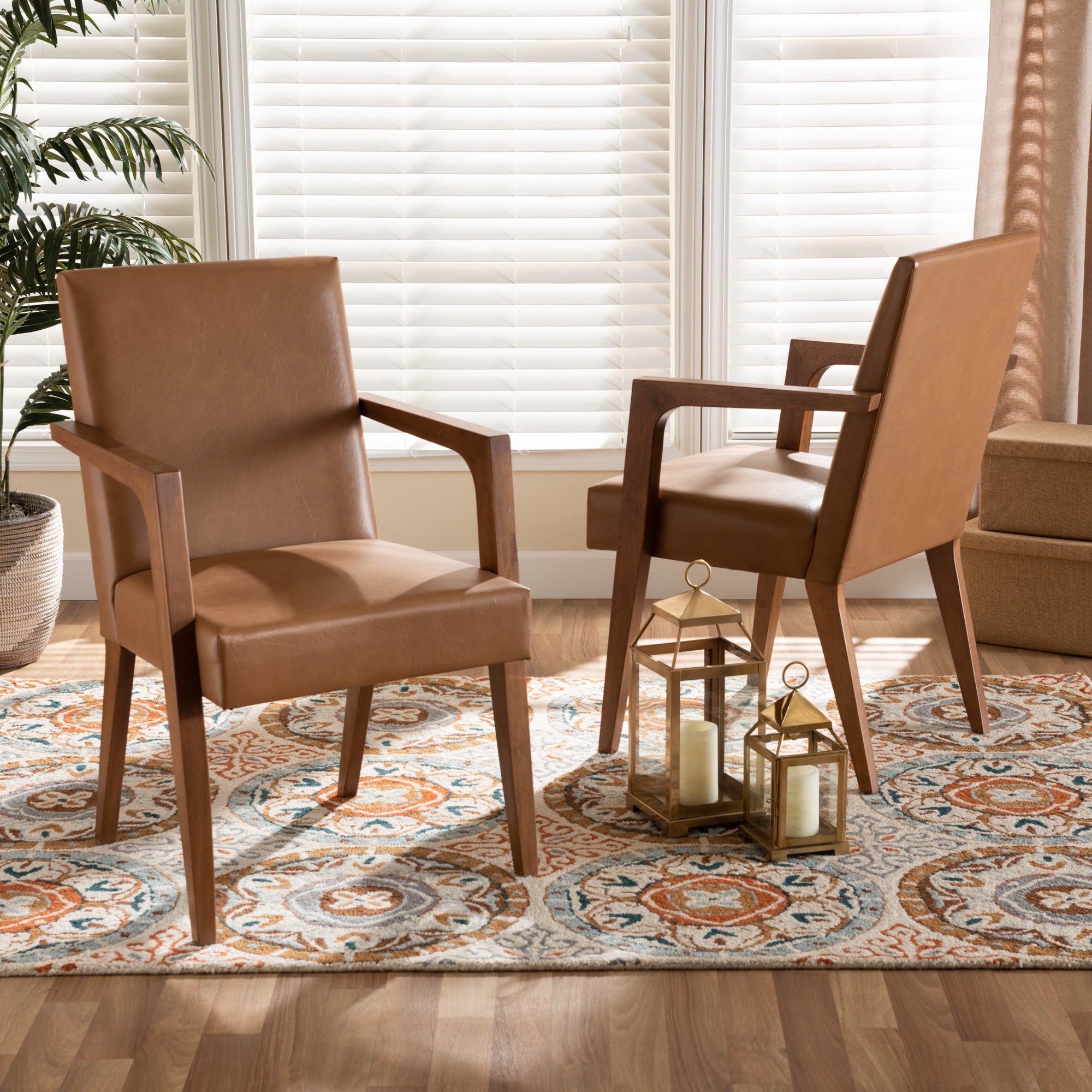 Andrea Mid-Century Modern Tan Faux Leather Upholstered and Walnut Brown Finished Wood 2-Piece Armchair Set