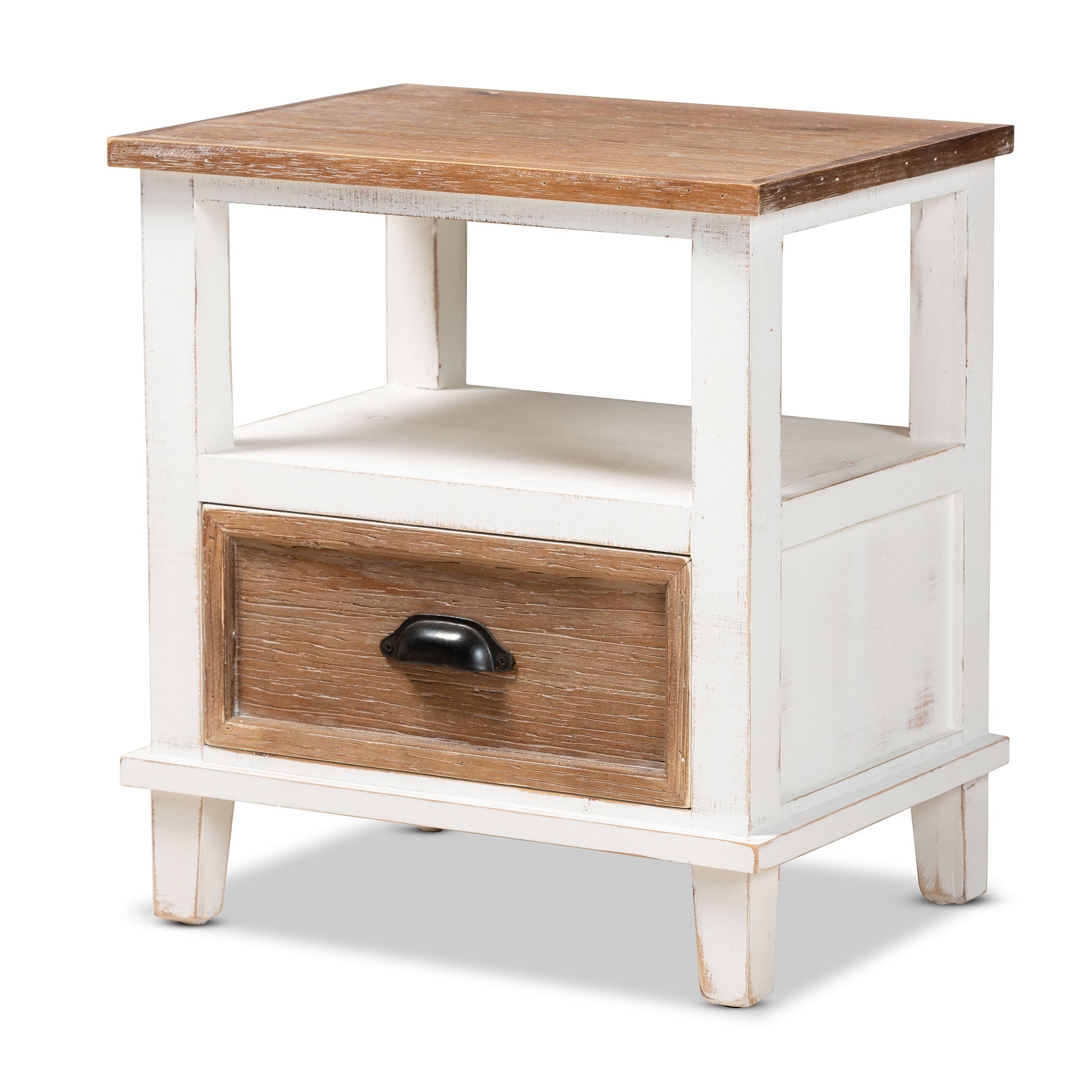 Glynn Rustic Farmhouse Weathered Two-Tone White and Oak Brown Finished Wood 1-Drawer End Table