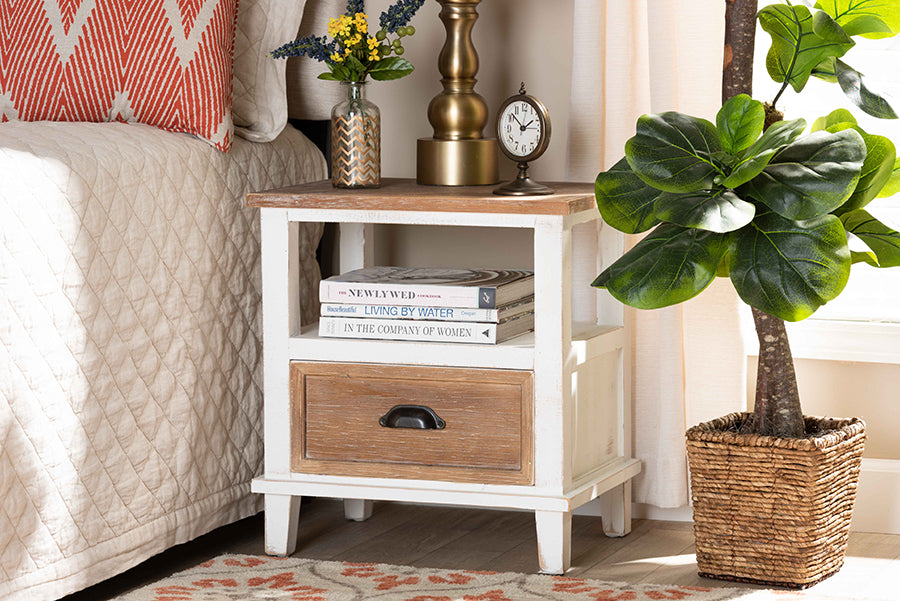 Glynn Rustic Farmhouse Weathered Two-Tone White and Oak Brown Finished Wood 1-Drawer End Table