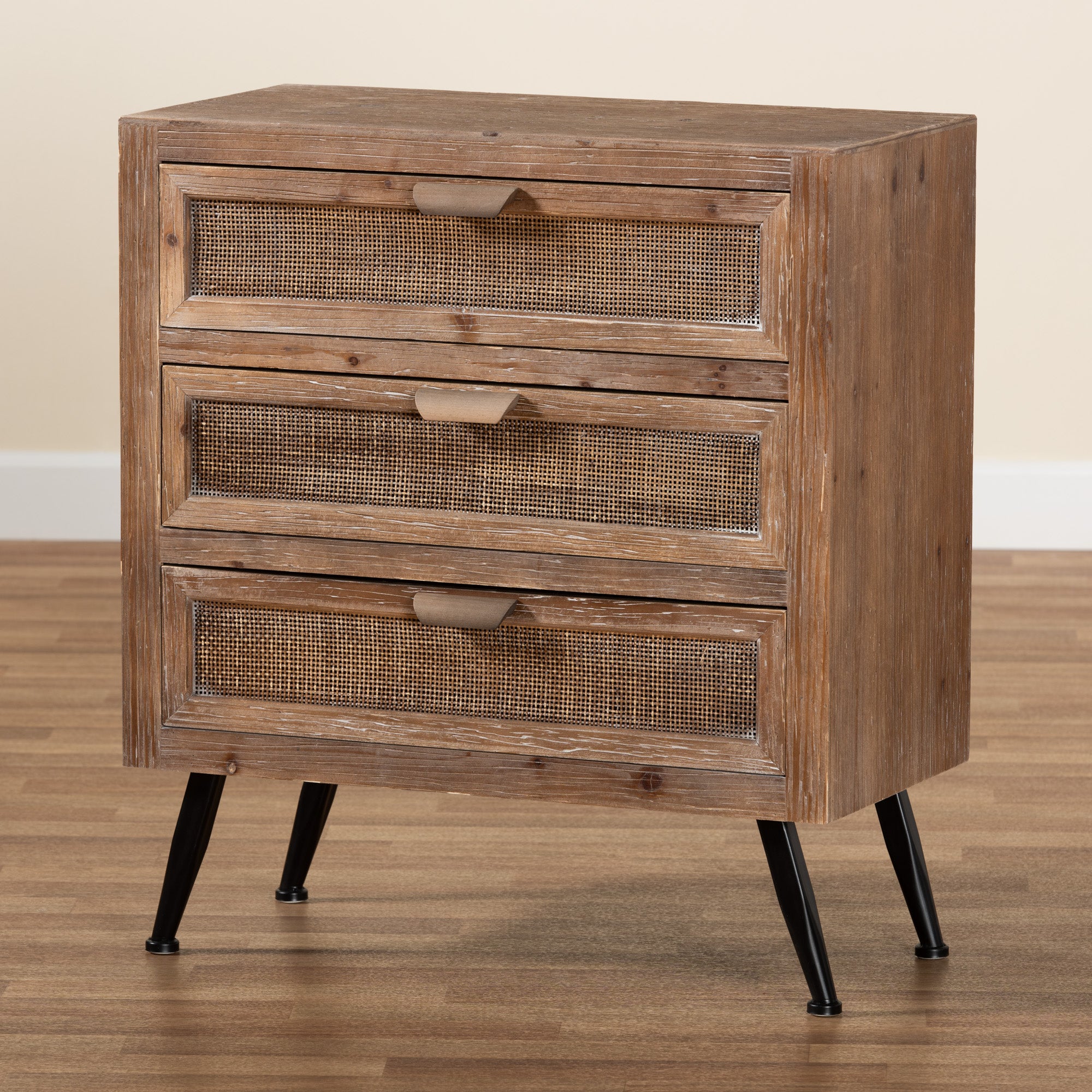 Calida Mid-Century Modern Whitewashed Natural Brown Finished Wood and Rattan 3-Drawer Storage Cabinet
