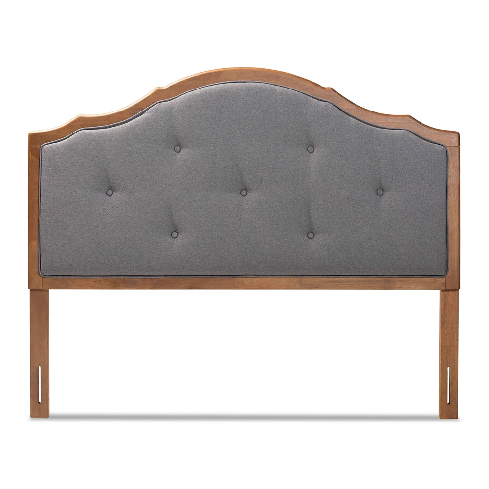 Gala Vintage Classic Traditional Dark Grey Fabric Upholstered and Walnut Brown Finished Wood Queen Size Arched Headboard