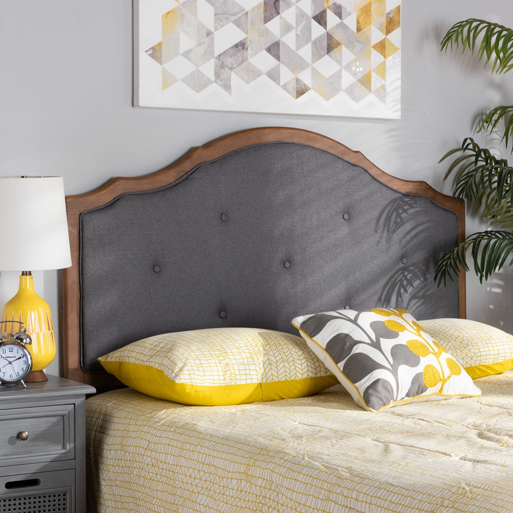 Gala Vintage Classic Traditional Dark Grey Fabric Upholstered and Walnut Brown Finished Wood Queen Size Arched Headboard