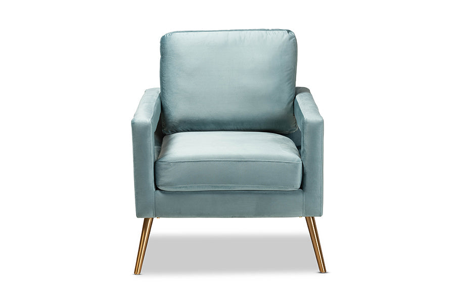 Leland and Light Blue Velvet Fabric Upholstered and Gold Finished Armchair