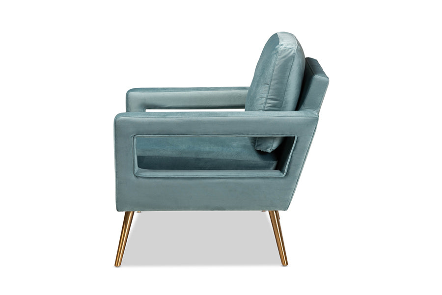 Leland and Light Blue Velvet Fabric Upholstered and Gold Finished Armchair
