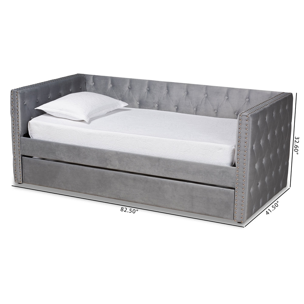 Larkin Grey Velvet Fabric Upholstered Twin Size Daybed with Trundle