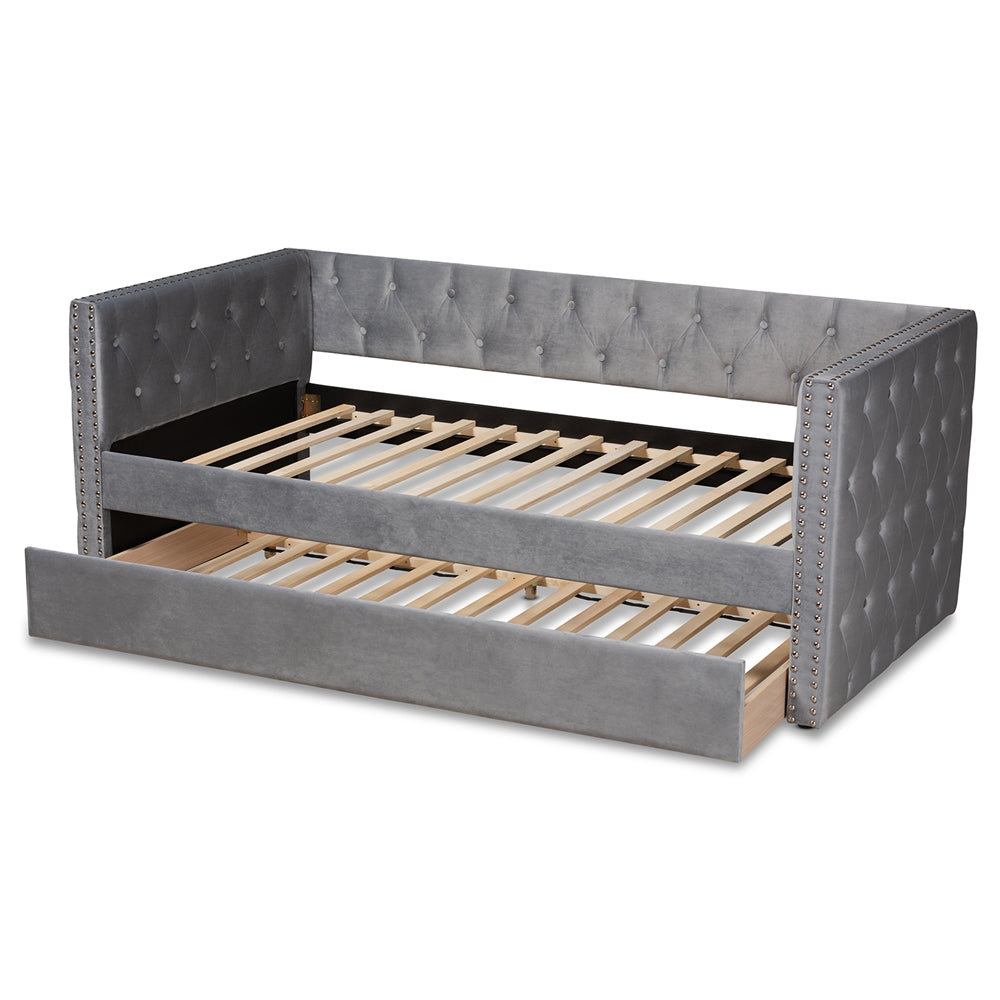 Larkin Grey Velvet Fabric Upholstered Twin Size Daybed with Trundle