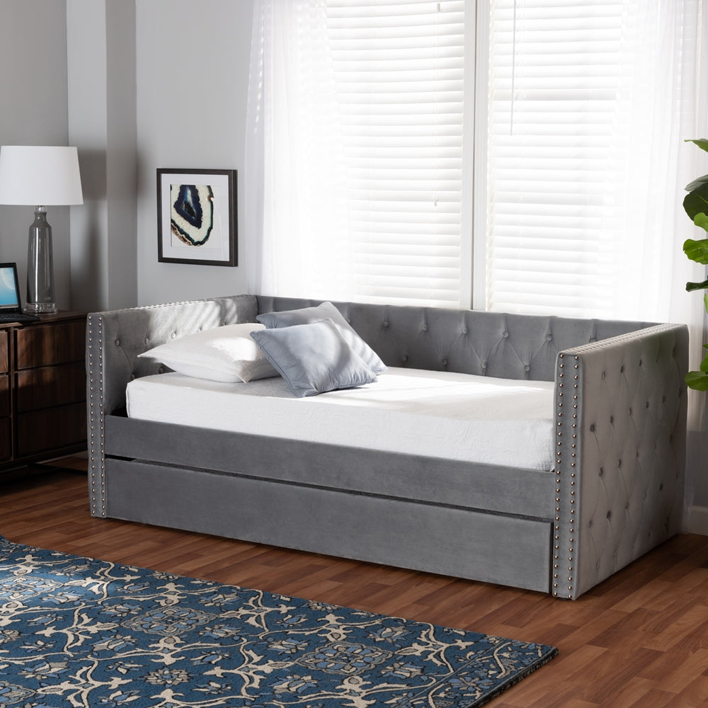 Larkin Grey Velvet Fabric Upholstered Twin Size Daybed with Trundle