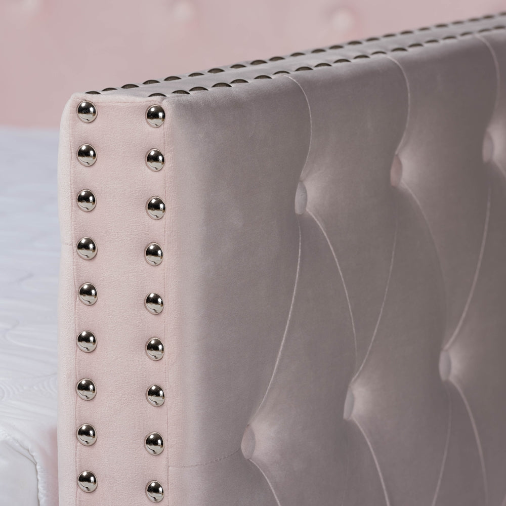 Larkin Pink Velvet Fabric Upholstered Queen Size Daybed with Trundle