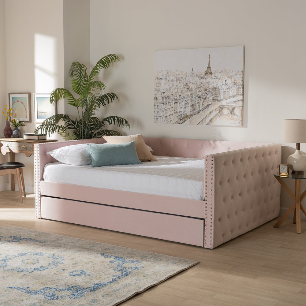 Larkin Pink Velvet Fabric Upholstered Queen Size Daybed with Trundle