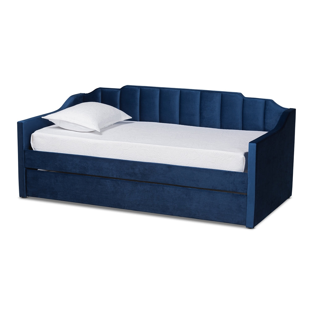 Lennon Navy Blue Velvet Fabric Upholstered Twin Size Daybed With Trundle