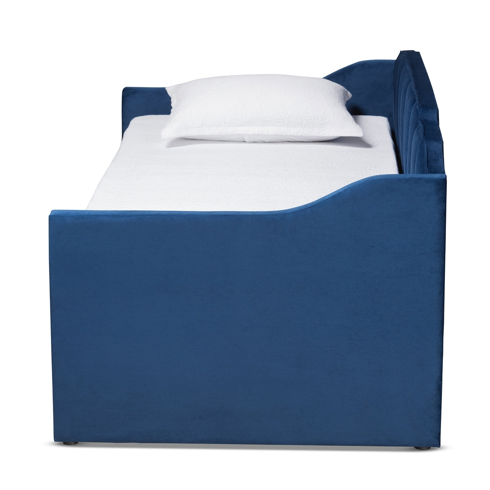 Lennon Navy Blue Velvet Fabric Upholstered Twin Size Daybed With Trundle