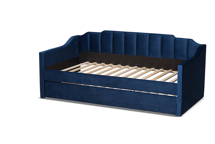Lennon Navy Blue Velvet Fabric Upholstered Twin Size Daybed With Trundle