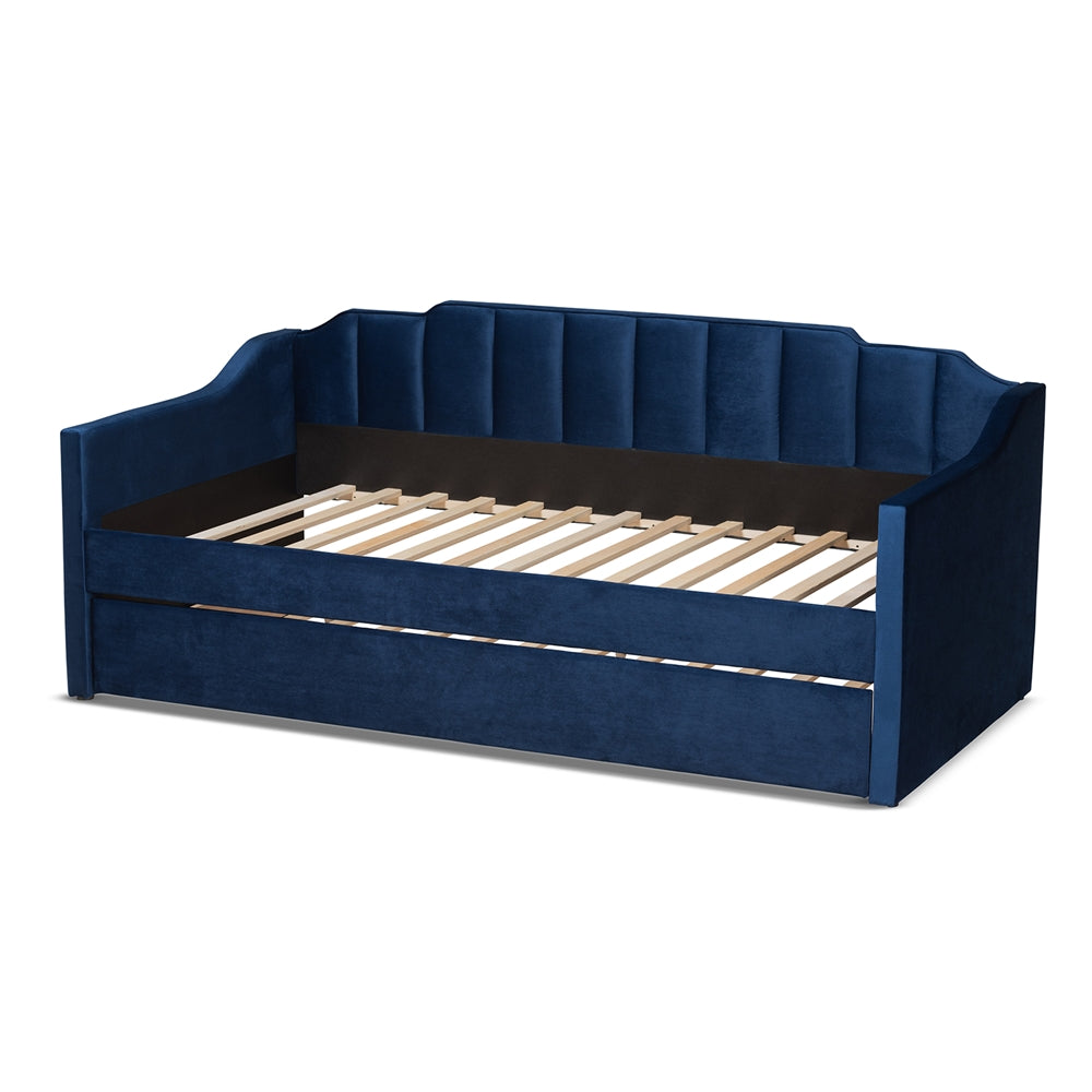 Lennon Navy Blue Velvet Fabric Upholstered Twin Size Daybed With Trundle