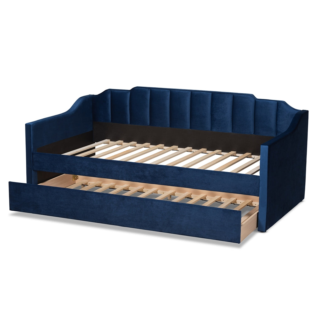 Lennon Navy Blue Velvet Fabric Upholstered Twin Size Daybed With Trundle