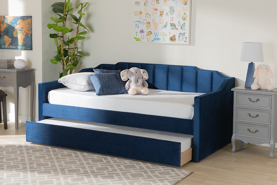 Lennon Navy Blue Velvet Fabric Upholstered Twin Size Daybed With Trundle