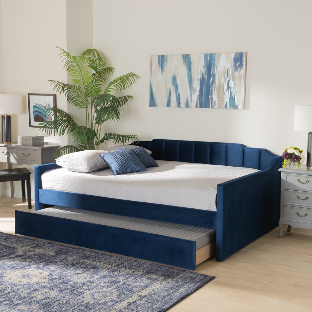 Lennon Navy Blue Velvet Fabric Upholstered Queen Size Daybed With Trundle