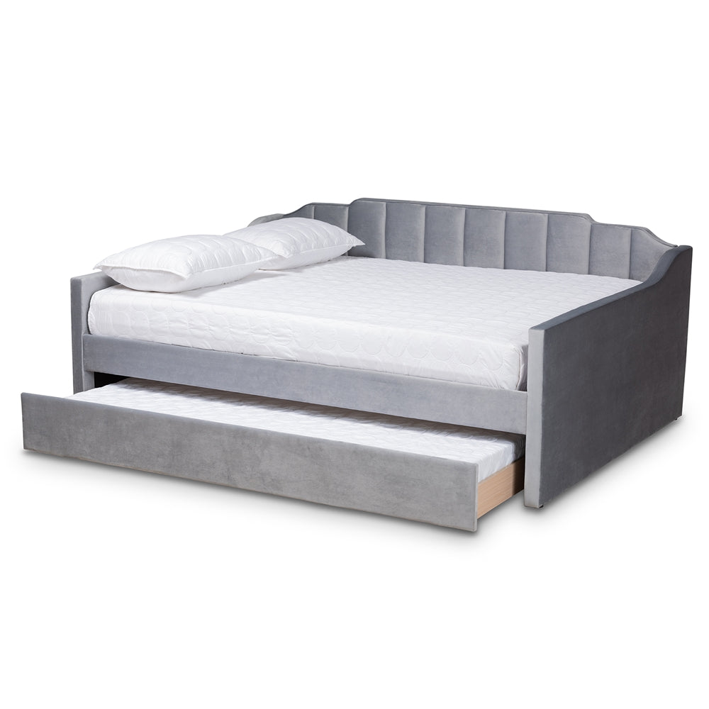 Lennon Modern and Contemporary Grey Velvet Fabric Upholstered Full Size Daybed with Trundle