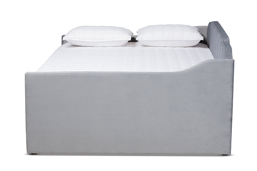 Lennon Modern and Contemporary Grey Velvet Fabric Upholstered Full Size Daybed with Trundle