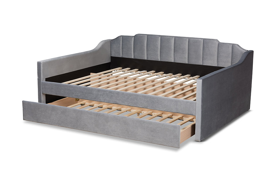 Lennon Modern and Contemporary Grey Velvet Fabric Upholstered Full Size Daybed with Trundle